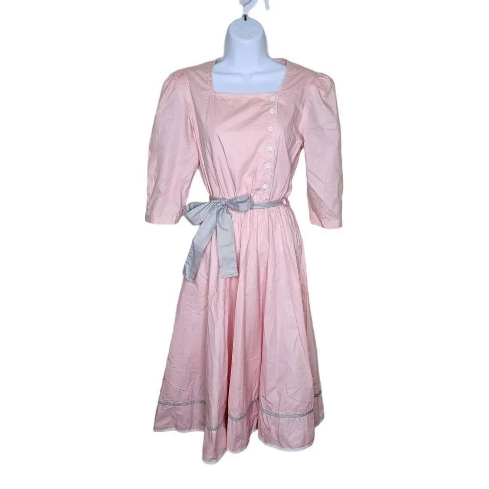 Vintage 80s Fit 7 Flare Dress Womens Size Small Pink Gray Belted Feminine Coquet
